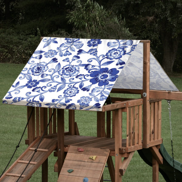 Replacement swing set canopy featuring blue flowers on white vinyl