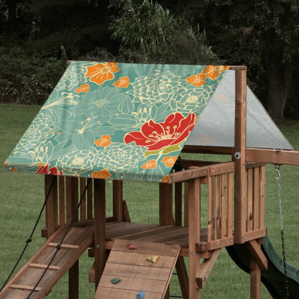 Custom sized replacement playset tarp featuring teal and red art nouveau pattern for a unique playset roof