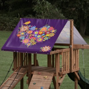 Custom sized replacement playset tarp featuring heart of flowers on a purple background for a playset roof