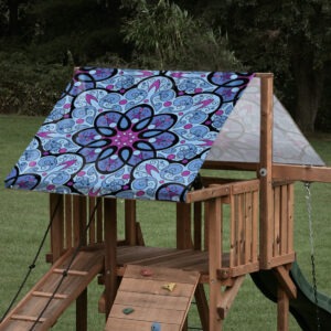 Custom sized replacement playset tarp featuring an art deco weave pattern on a wooden playset