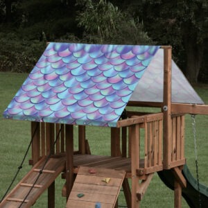 Custom sized replacement swing set tarp featuring a glimmer mermaid scale pattern used for a playset roof