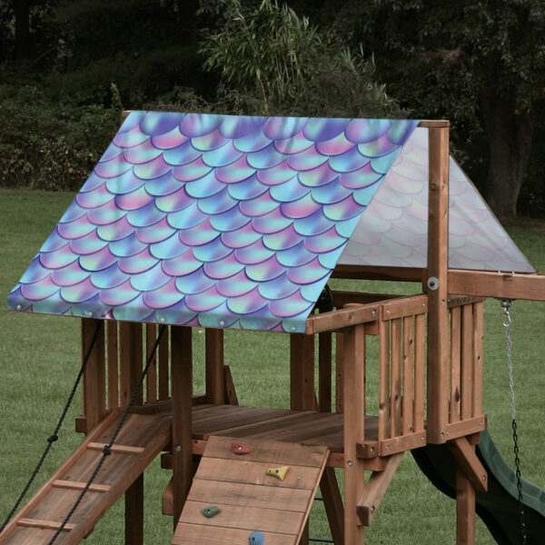 Custom sized replacement swing set tarp featuring a glimmer mermaid scale pattern used for a playset roof