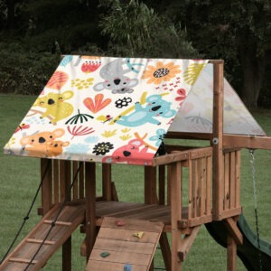 Custom sized swing set canopy featuring koala bear characters on a wooden play set