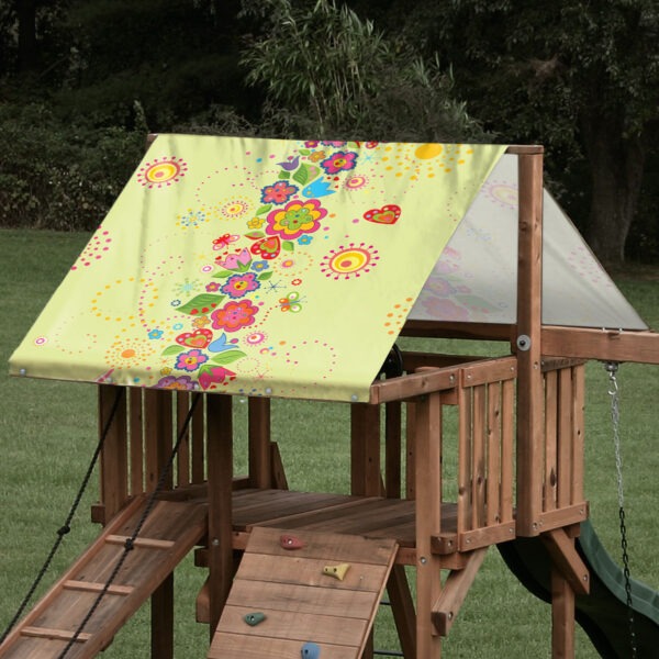 Custom sized replacement playset tarp featuring a pastel floral swirl design for outdoor swing set canopy