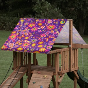 Replacement playset tarp featuring a funky purple floral design for an outdoor playset roof