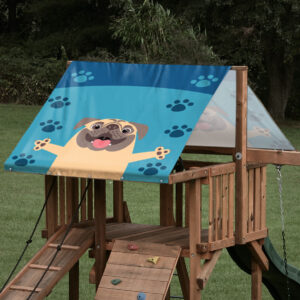 Custom sized replacement playset tarp featuring a pug dog character on a wooden playset roof