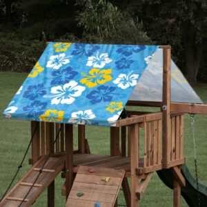 Custom sized replacement playset tarp featuring a collage of ocean flowers on a outdoor swing set