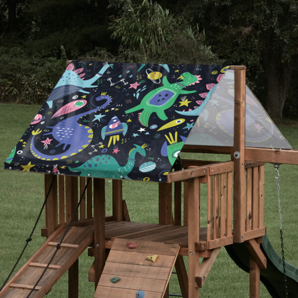 Custom replacement swing set tarp featuring a collage of space dinosaur characters on a outdoor playset