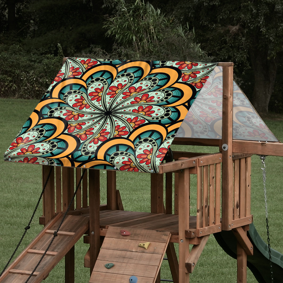 Custom sized playset tarp featuring a floral swirl design on a outdoor playset