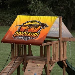 Custom swing set canopy featuring a dinosaur world graphic design on a outdoor playset