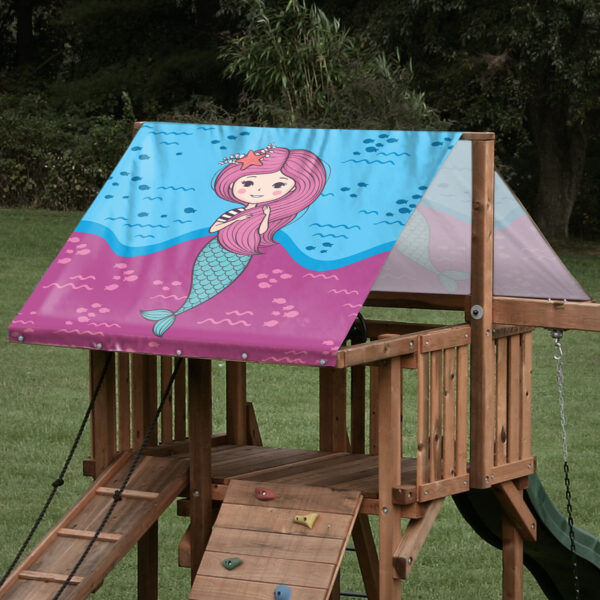 Custom sized Monkey Bar Tarp Replacement playset tarp featuring a little mermaid character design on a wooden outdoor playset roof