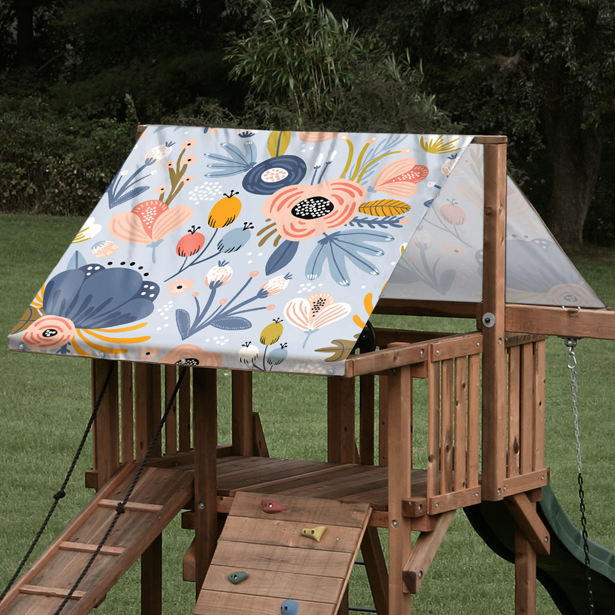 Custom swing set tarp featuring a floral pastel bouquet design