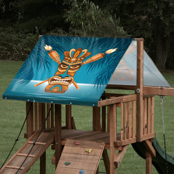 Custom swing set tarp featuring a night tiki tropical design as a playset roof