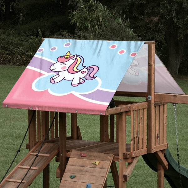 Replacement playset tarp featuring a unicron and pastel rainbow design for an outdoor custom playset roof