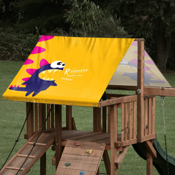 Replacement swing set canopy featuring a screaming monster on a yellow background