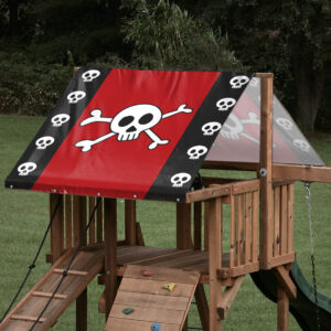 Replacement playset tarp featuring a skull pattern on a red and black vinyl on an outdoor playset