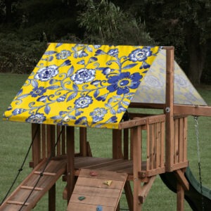 Replacement playset tarp featuring blue floral pattern on a yellow background design