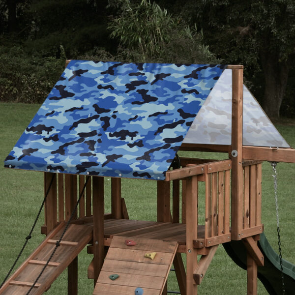 Replacement swing set canopy featuring blue camo pattern on a wooden playset