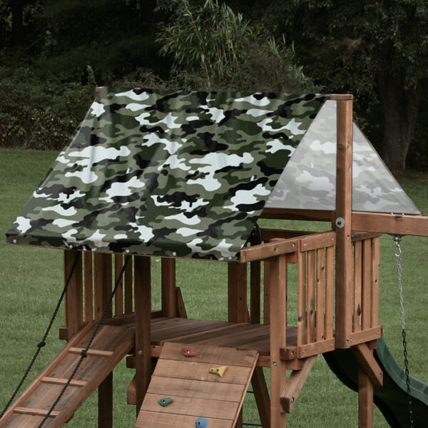 Replacement swing set canopy featuring green camo pattern on a swing set roof