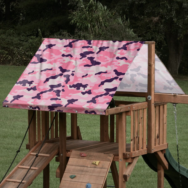 Replacement swing set canopy featuring pink camo pattern on a wooden playset roof