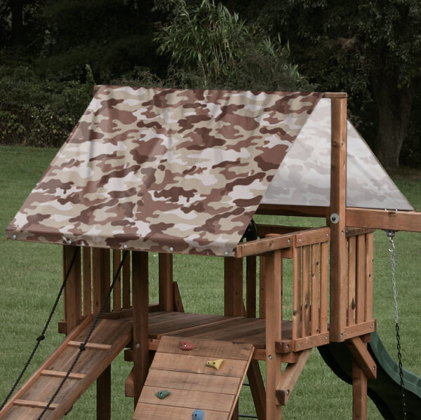 Replacement playset tarp featuring brown camo pattern on a playset roof