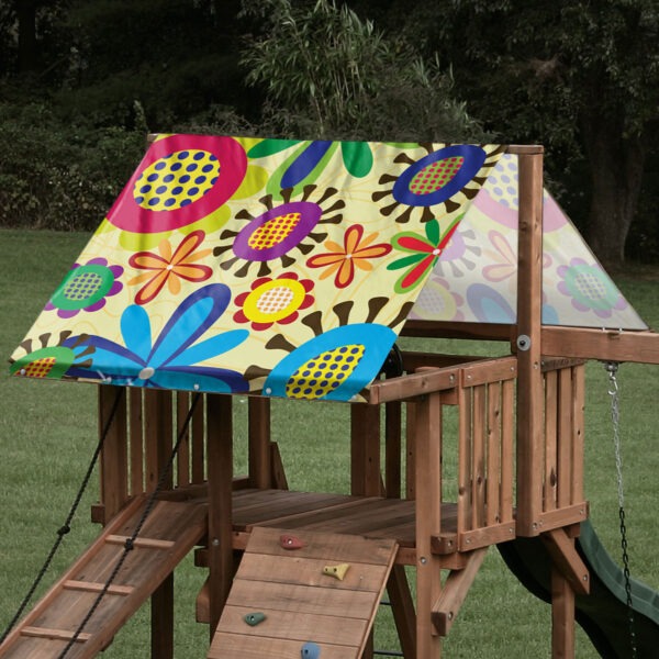 Replacement playset tarp featuring retro flower pattern on a wooden playset