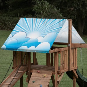 Replacement playset tarp featuring cloud and sun beam graphic for outdoor playset roof