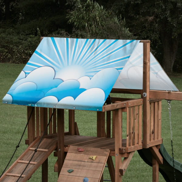 Replacement playset tarp featuring cloud and sun beam graphic for outdoor playset roof