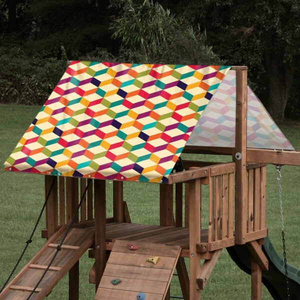 Replacement playset tarp featuring rainbow 3d cube pattern on a playset