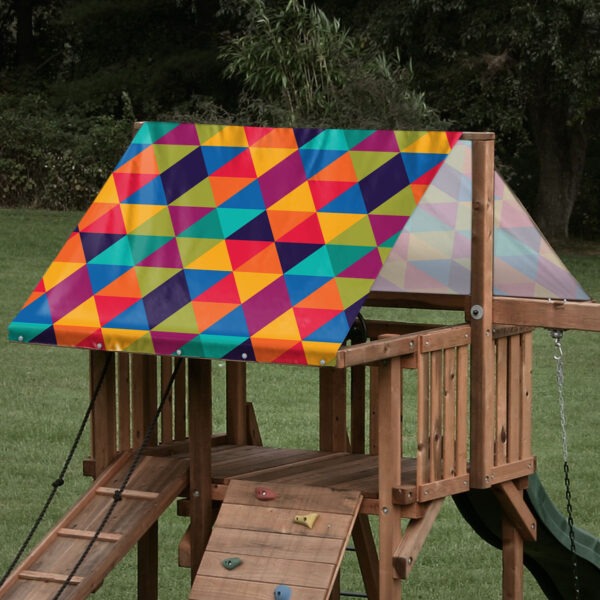 Custom sized replacement playset tarp featuring rainbow triangle pattern on wooden playset