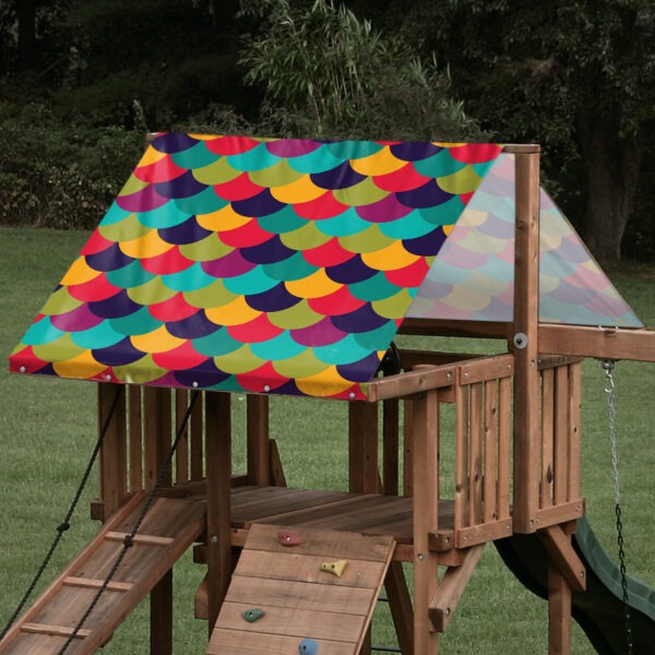 Custom sized replacement playset tarp featuring rainbow mermaid pattern for a playset roof