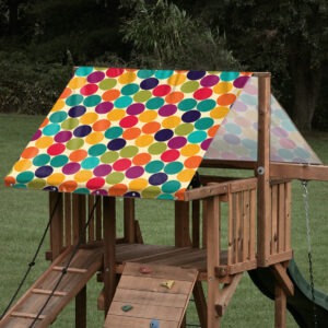 Custom sized replacement playset tarp featuring a polka dot pattern for a creative playset roof