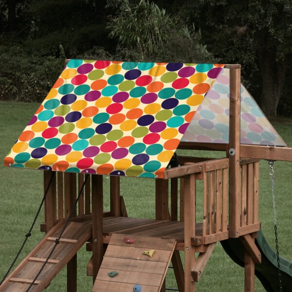 Custom sized replacement playset tarp featuring a polka dot pattern for a creative playset roof