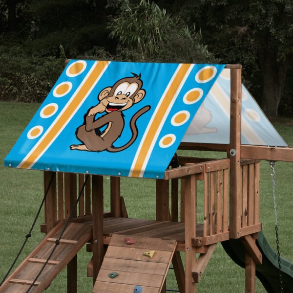 Replacement swing set canopy featuring a monkey character playset roof