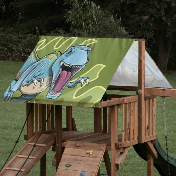 Monkey Bar Tarps replacement swing set canopy featuring a T-Rex dinosaurswing set canopy