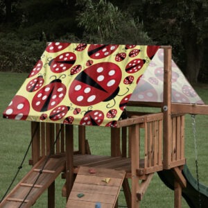 Replacement swing set canopy featuring a lady bug design on a wooden outdoor playset