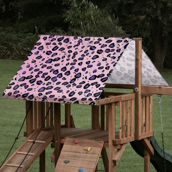 Custom sized swing set canopy featuring pink and purple cheetah pattern for outdoor playset canopy