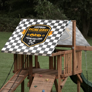 Custom sized playset tarp featuring racing flags checker pattern for unique playset roof