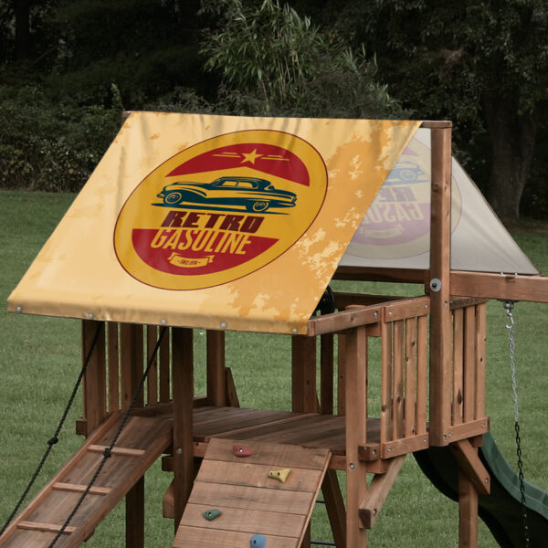 Custom sized replacement swing set tarp featuring retro gas station logo for outdoor playset