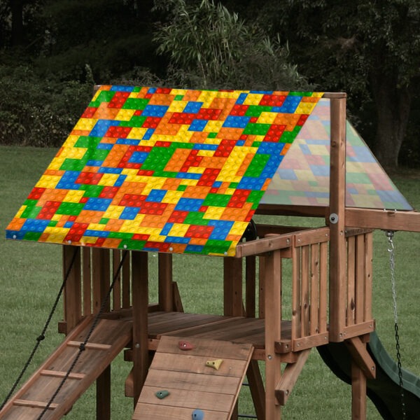 Custom sized replacement playset tarp featuring lego brick pattern for playset canopy roof