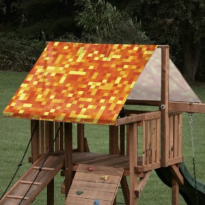 Custom sized replacement swing set tarp featuring minecraft lava pattern for a playset roof