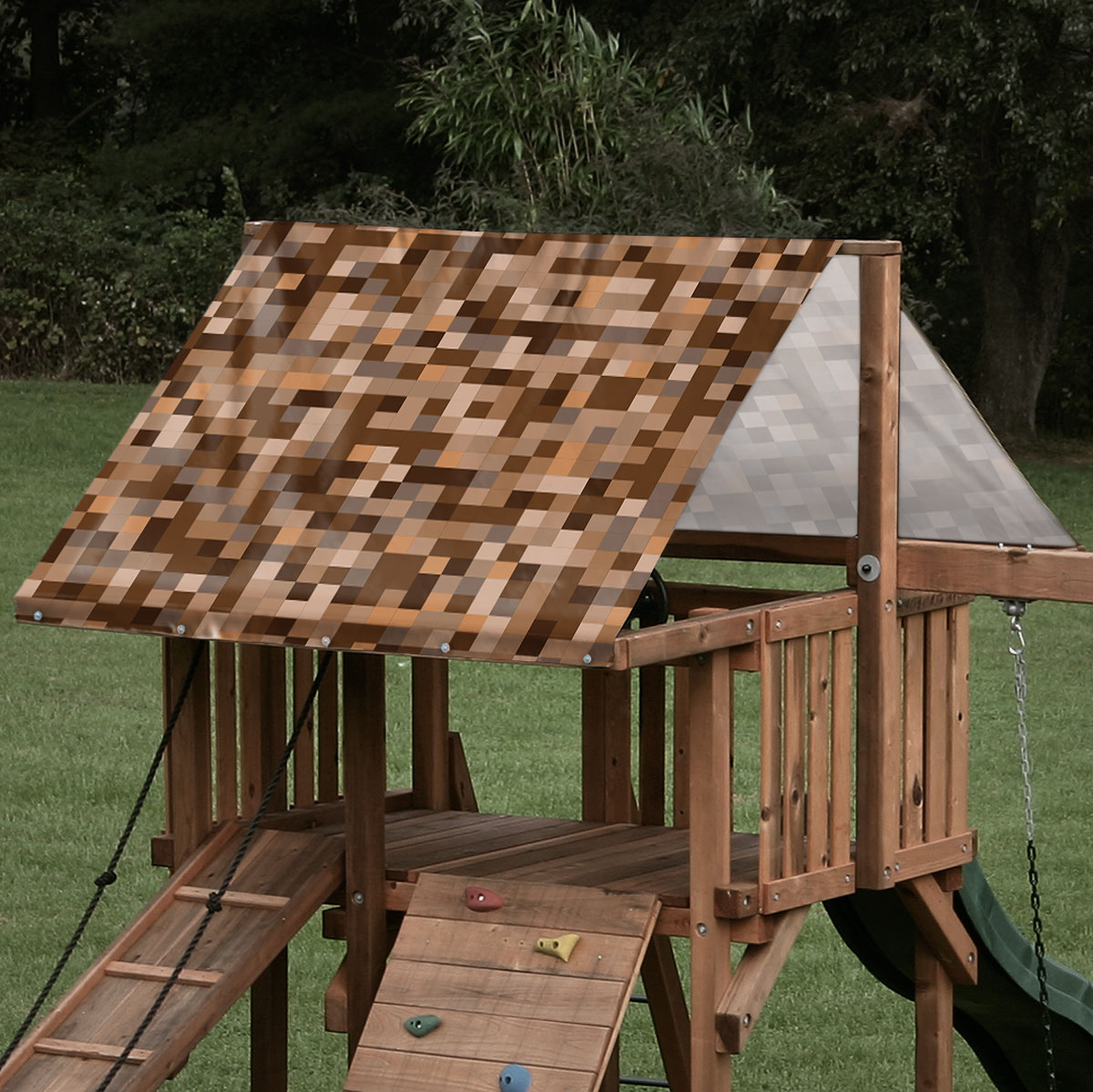 Custom sized replacement playset tarp featuring minecraft dirt pattern on a playset